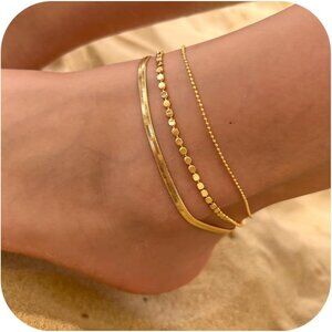 14K Gold Plated Ankle Bracelets for Women, Anklets for Women Waterproof Layered